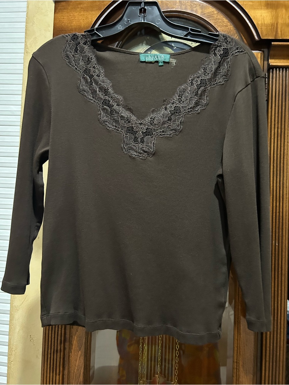 Lauren Ralph Lauren Dark Brown Lace-Trim V-Neck Long Sleeve Tee